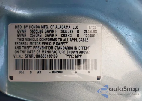 2003 Honda Odyssey Ex from USA, damaged, VIN 5FNRL18663B130139